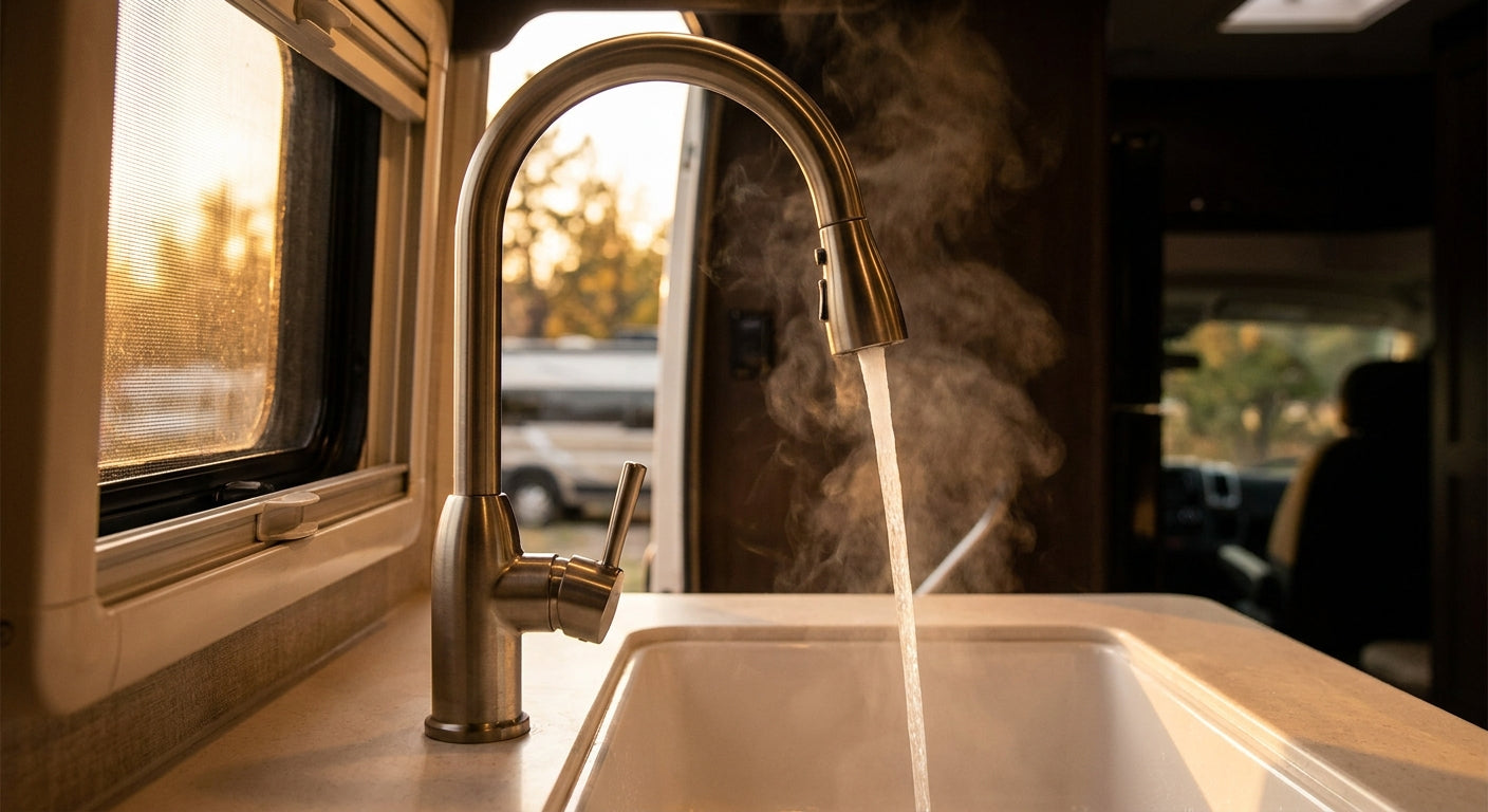 Steaming hot water flowing steadily from a modern brushed-nickel faucet inside a clean, warmly lit RV interior with a campsite visible through the window.