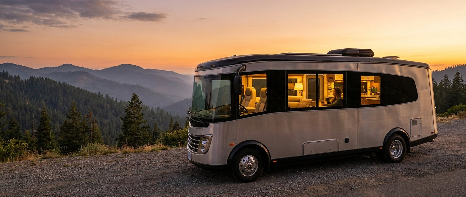 A modern RV parked at a mountain overlook at golden hour, warmly lit interior glowing through windows against a scenic pine-covered ridge backdrop.