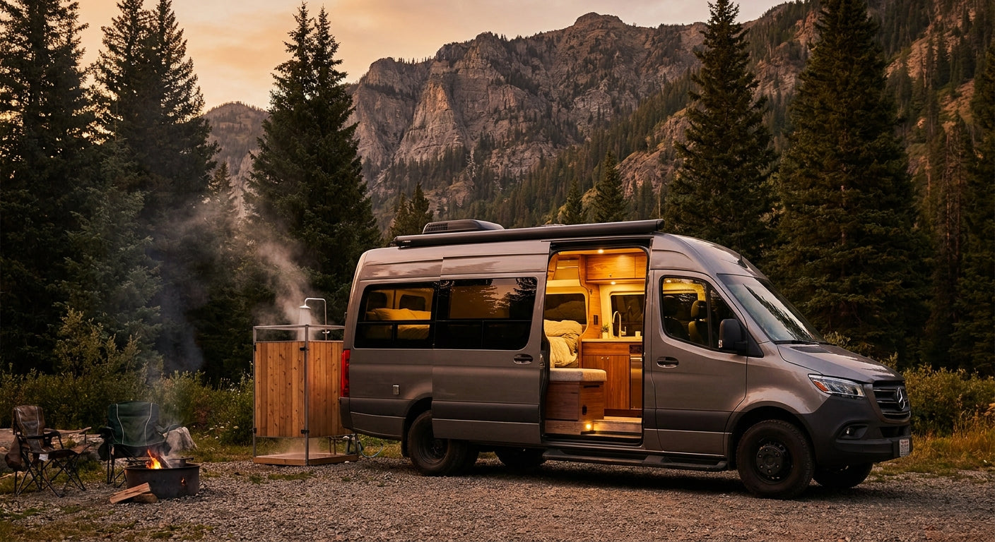 A modern RV parked at a wilderness campsite at golden hour with warm interior lighting and steam rising from an outdoor shower, surrounded by pine trees and mountains.