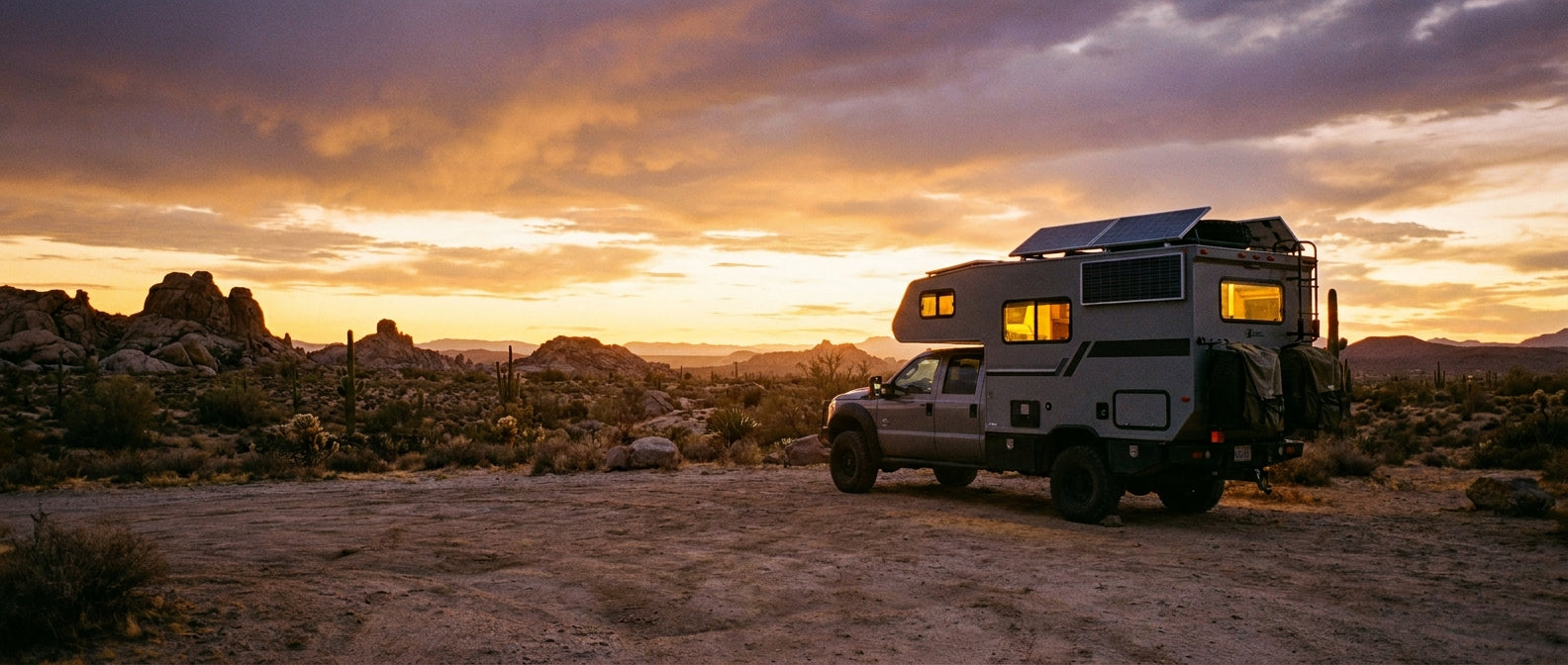 An RV parked alone at a remote desert campsite glowing warmly from within at golden hour, surrounded by vast open wilderness under a dramatic amber and violet sky.