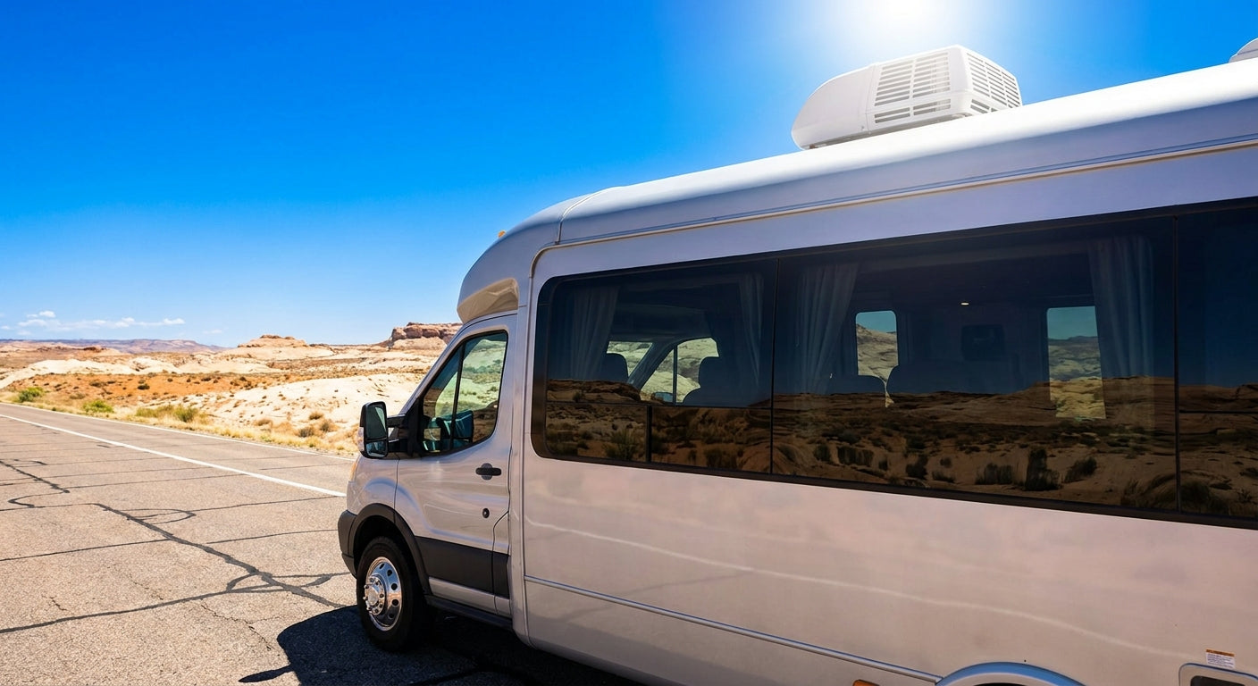 A modern RV parked on a desert highway under a blazing summer sun with a rooftop air conditioning unit visible, surrounded by heat shimmer and an intense blue sky.