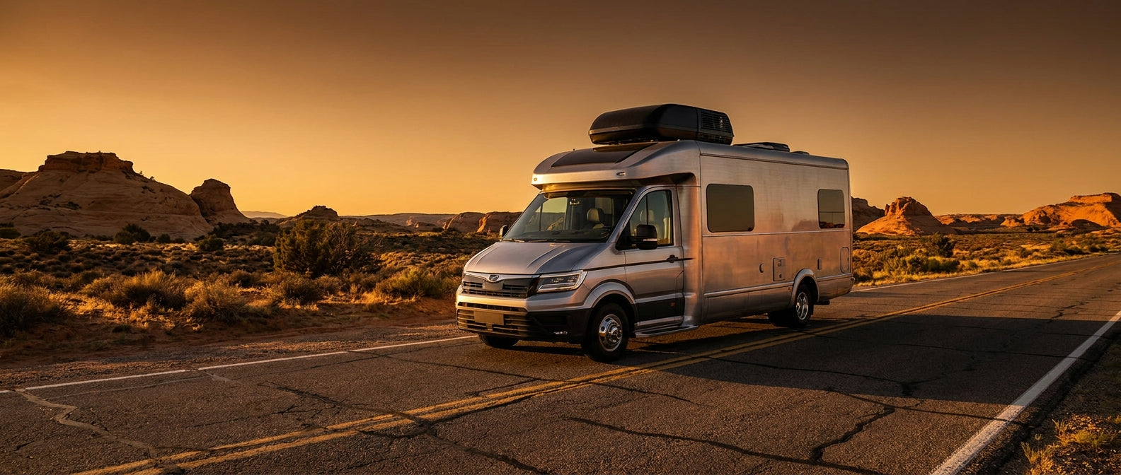 A modern RV parked on an open desert highway at golden hour with a rooftop air conditioning unit visible against a warm amber sky.