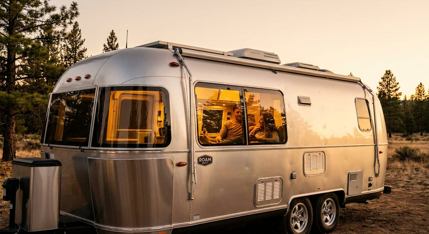 A well-maintained RV parked at a scenic wilderness campsite during golden hour, its interior glowing warmly with pine trees and open sky in the background.