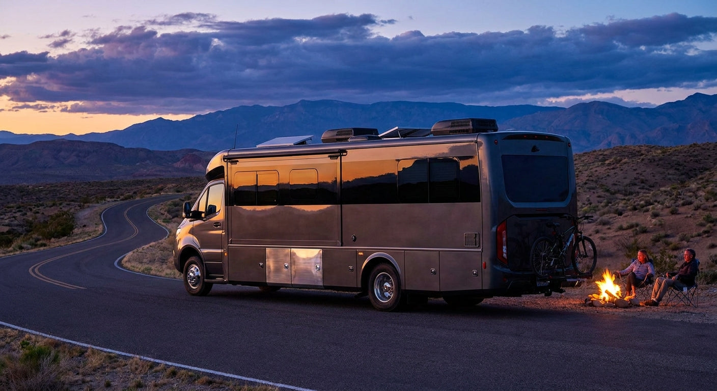 A modern RV parked on an open road at golden hour surrounded by rugged wilderness, evoking adventure and home-like comfort on the road.