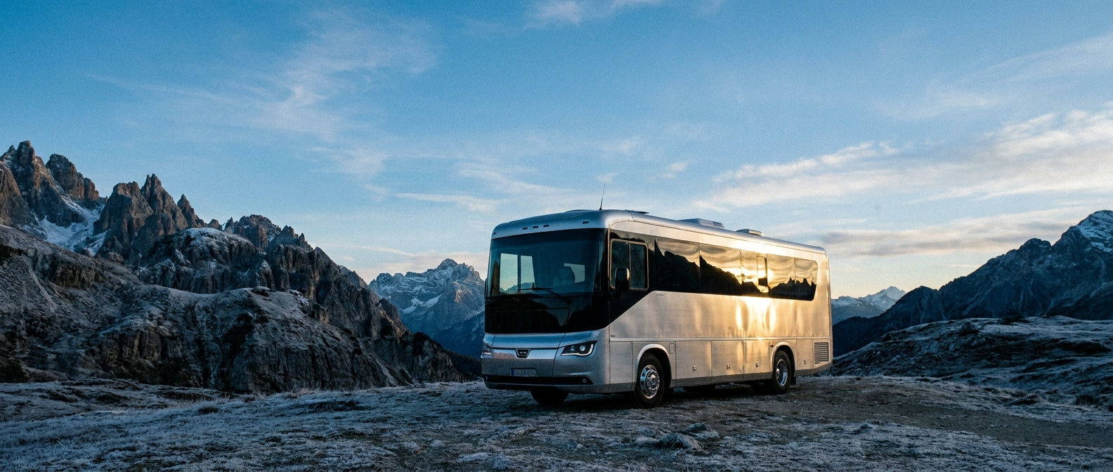 A modern RV parked on a high-altitude mountain pass surrounded by rocky peaks under a dramatic golden-hour sky.