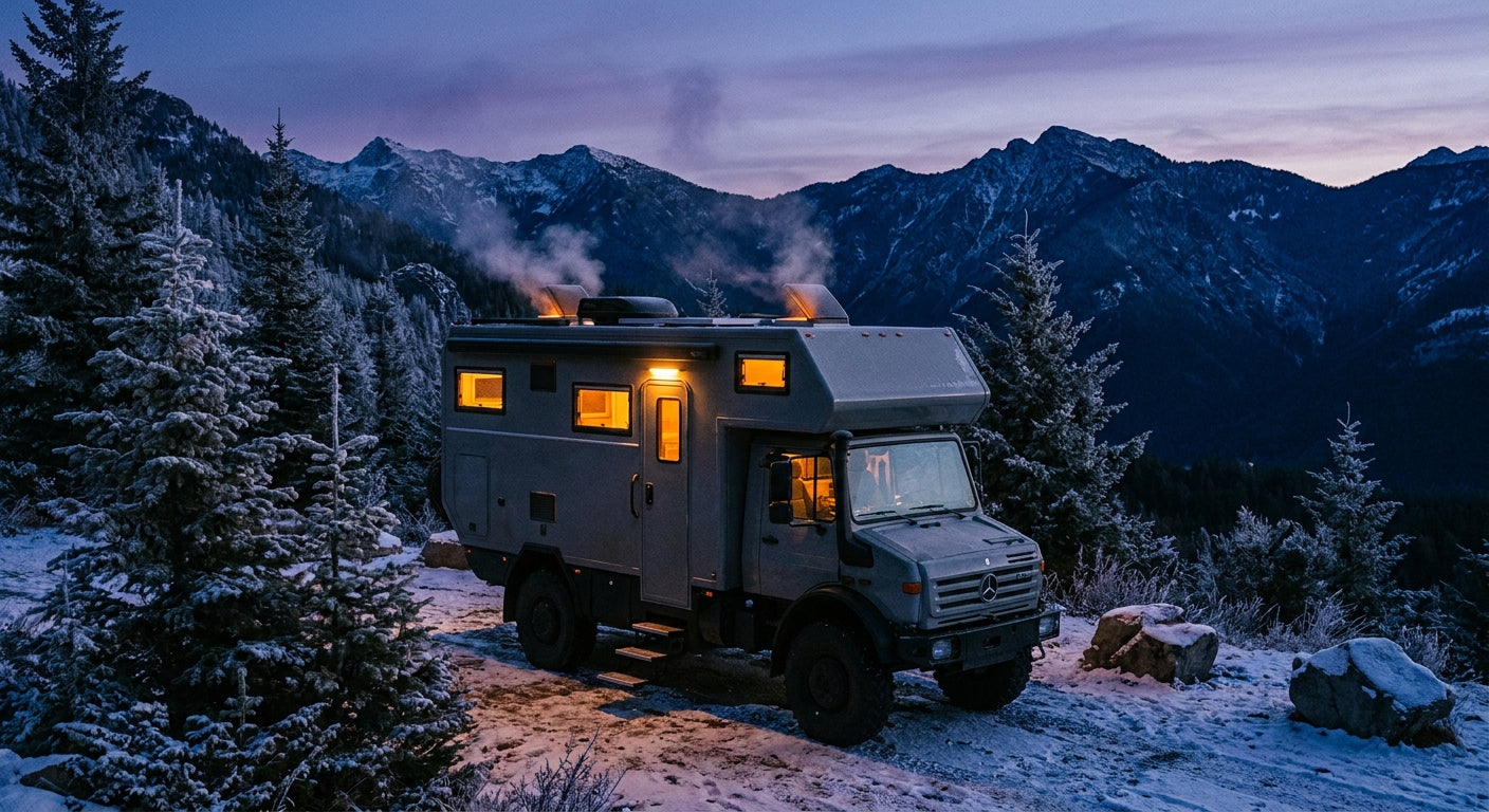 A snow-surrounded RV parked in a winter mountain landscape at dusk, glowing warmly from within against a cold blue twilight sky.