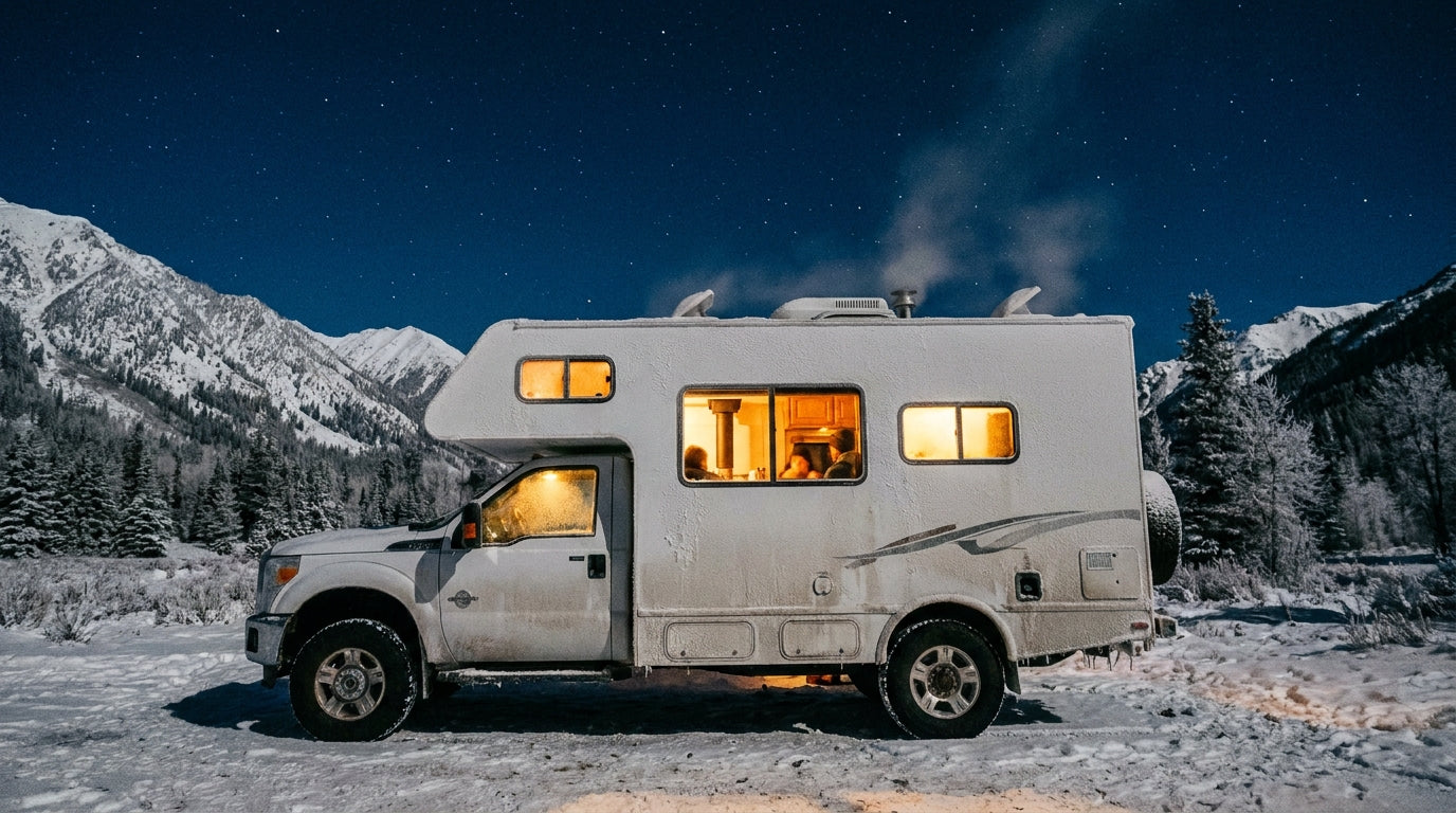 A frost-covered RV glowing warmly from within, parked alone in a snowy wilderness clearing under a star-filled night sky.