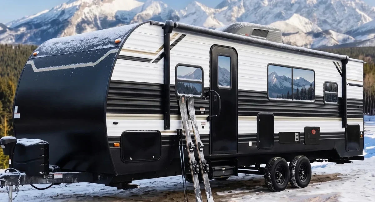 Travel trailer equipped with a FOGATTI RV furnace for winter camping in the mountains