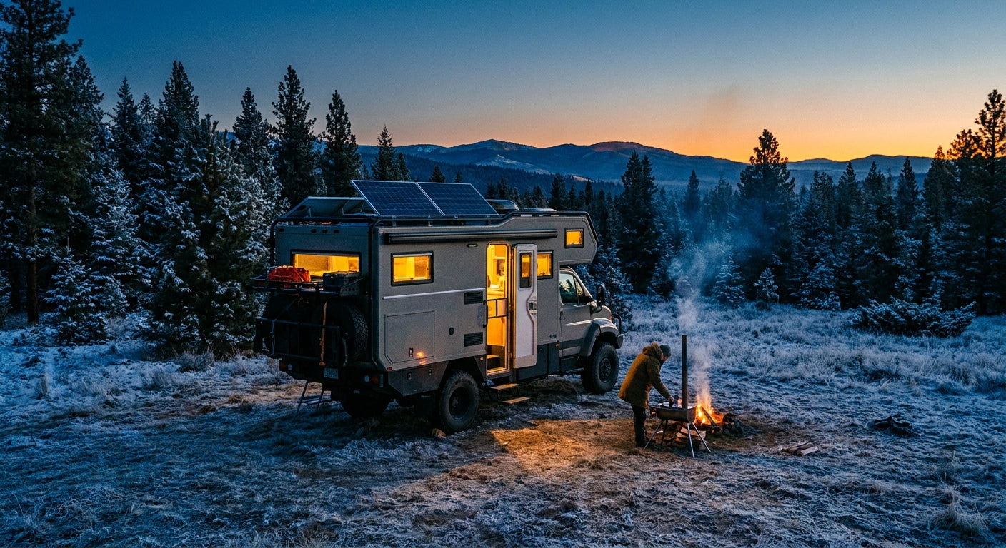 An RV glowing with warm interior light parked at a snowy off-grid campsite surrounded by pine trees at dusk.