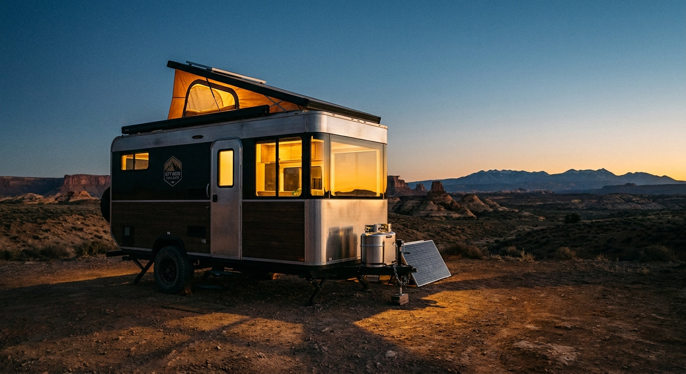 A modern RV parked at a remote desert campsite at golden hour with a propane tank beside it and a vast open landscape in the background.