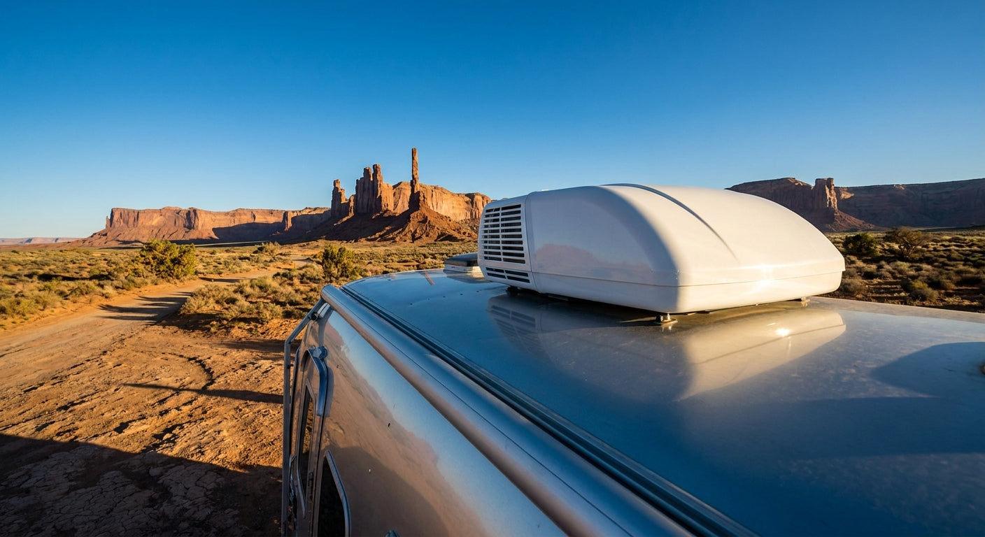 A white rooftop RV air conditioning unit on a travel trailer parked in a sunny desert landscape with red rock formations in the background.