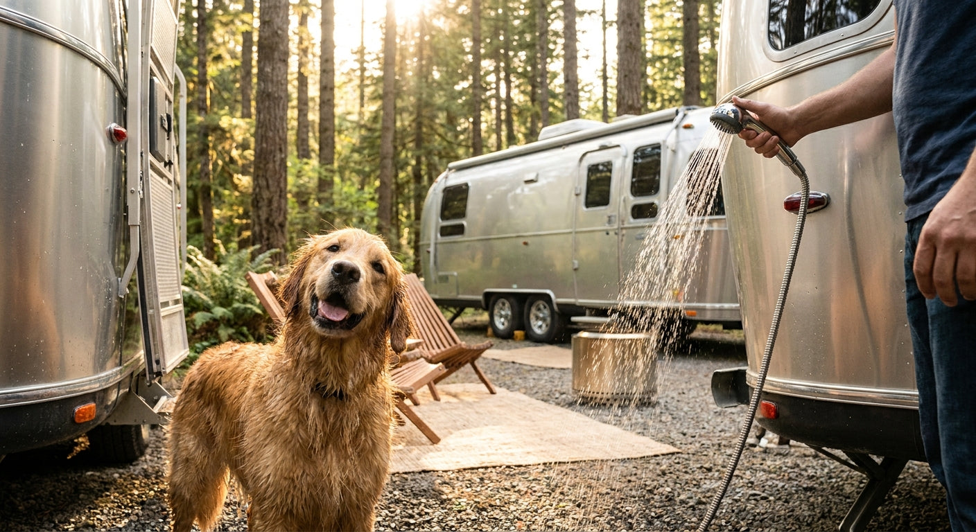 A golden retriever being washed with an outdoor shower hose connected to an RV at a sunny forested campsite.