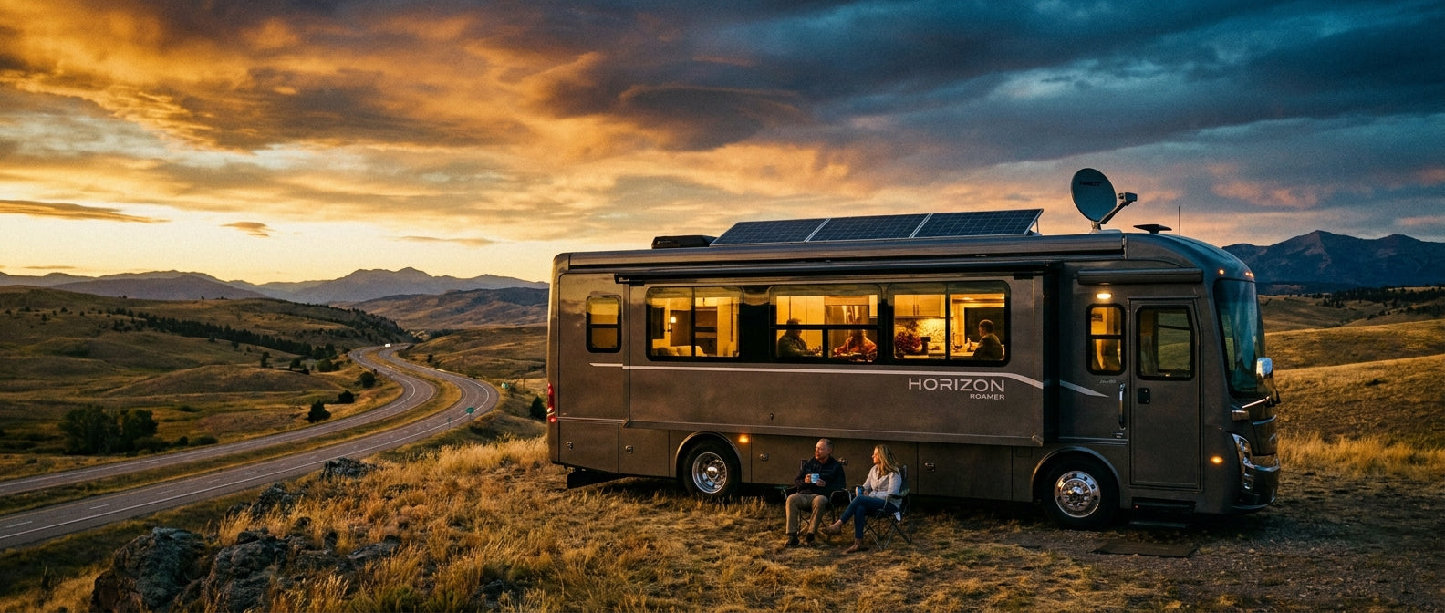 A modern motorhome parked at a scenic overlook at golden hour with warm interior lights glowing against a dramatic amber and blue sky.