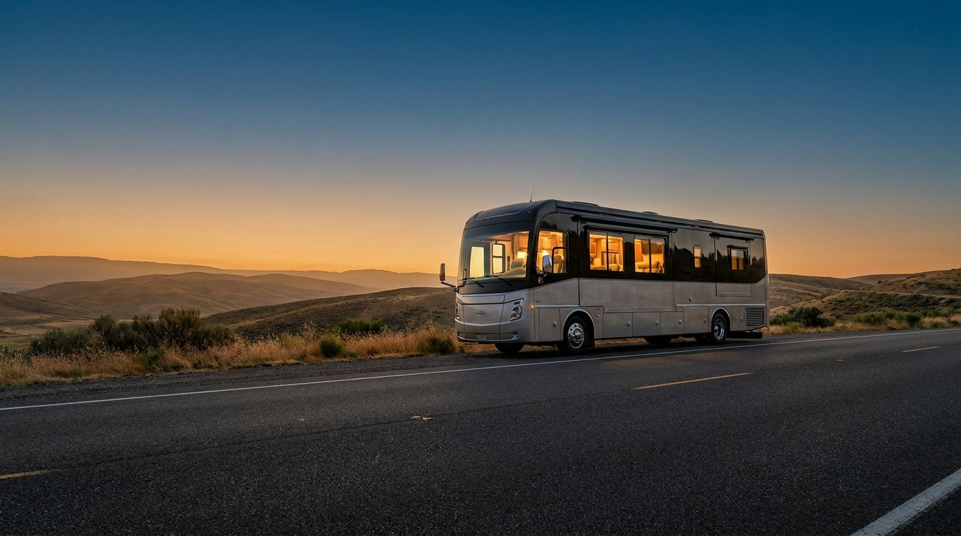 A modern RV glowing with warm interior light parked on an open highway at golden hour, surrounded by sweeping landscape under a deep blue sky.