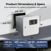  Specifications and dimensions of the Fogatti RV water heater displayed on a product sheet.