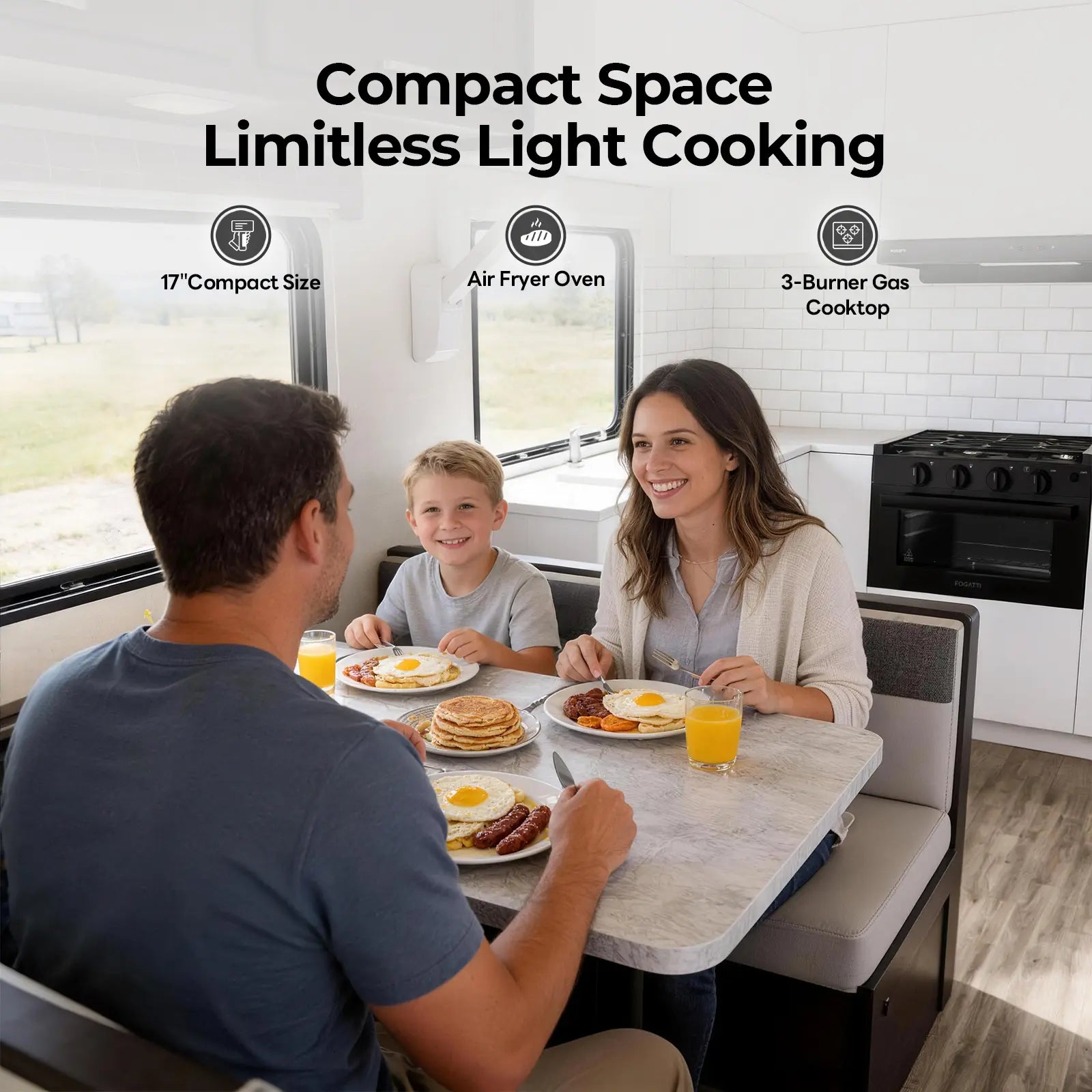 FOGATTI 17-Inch Dual-Fuel RV Range with Air Fryer, 3-Burner Propane Cooktop & Pulse Ignition