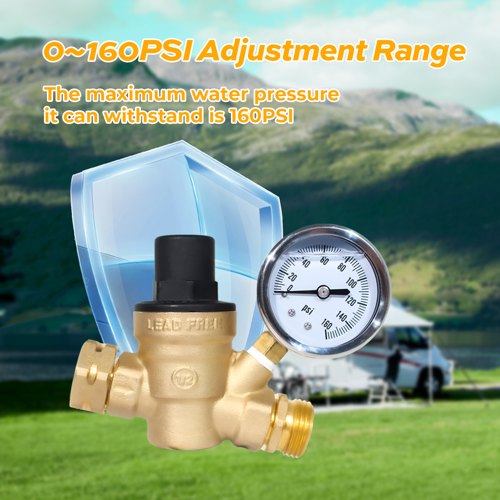 RV Water Pressure Regulator Valve Brass Lead-free Adjustable Outdoor