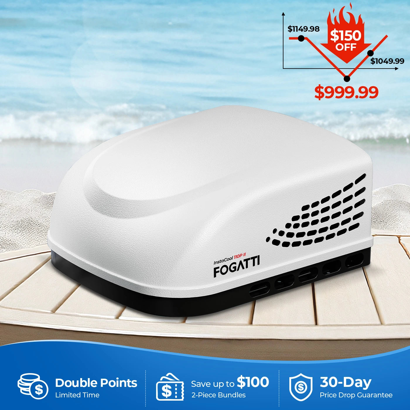 Fogatti InstaCool 11,000 BTU RV Rooftop Air Conditioner | Heat&Cool | Replaceable Non-Ducted RV AC | 115V(AC)