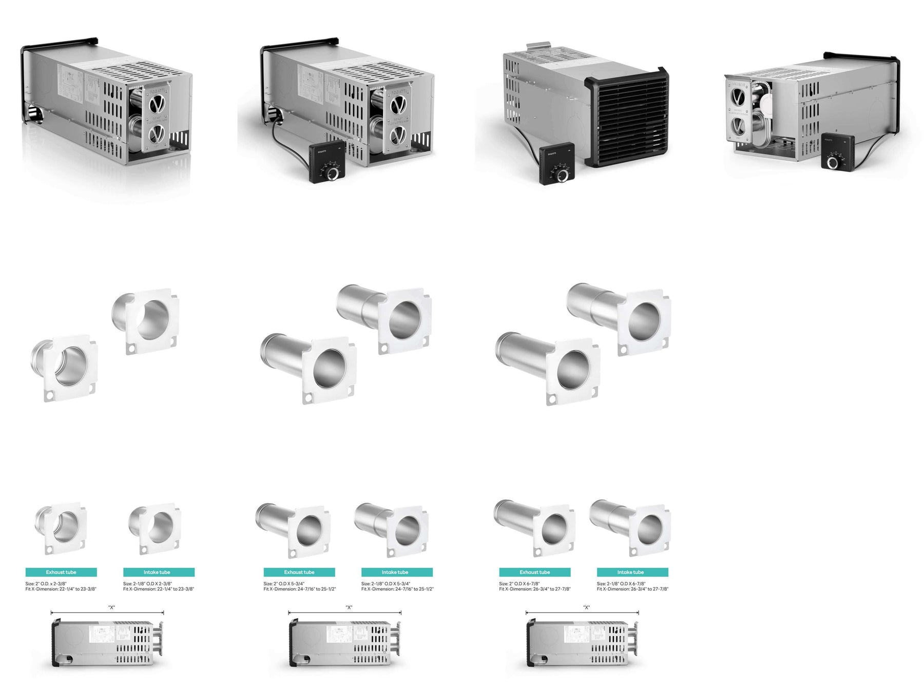 Fogatti 20K compact furnace product views and vent tube fit options