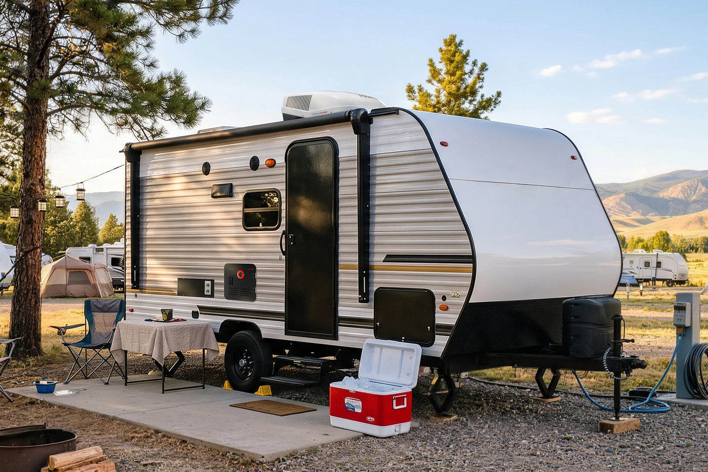 Compact travel trailer equipment setup