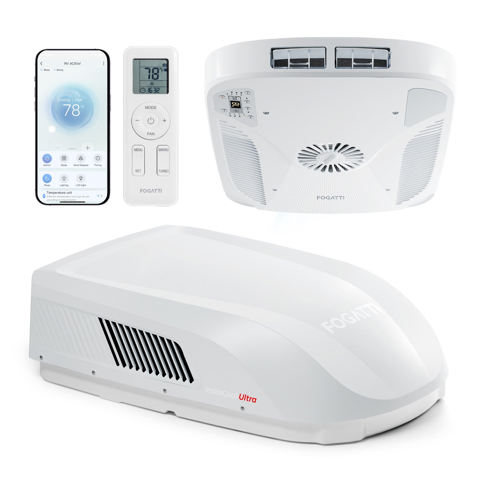 Fogatti InstaCool Ultra Air Conditioner | 16,000 BTU Cooling | 12,500 BTU Heating | Replaceable Non-Ducted RV AC | 115V(AC)