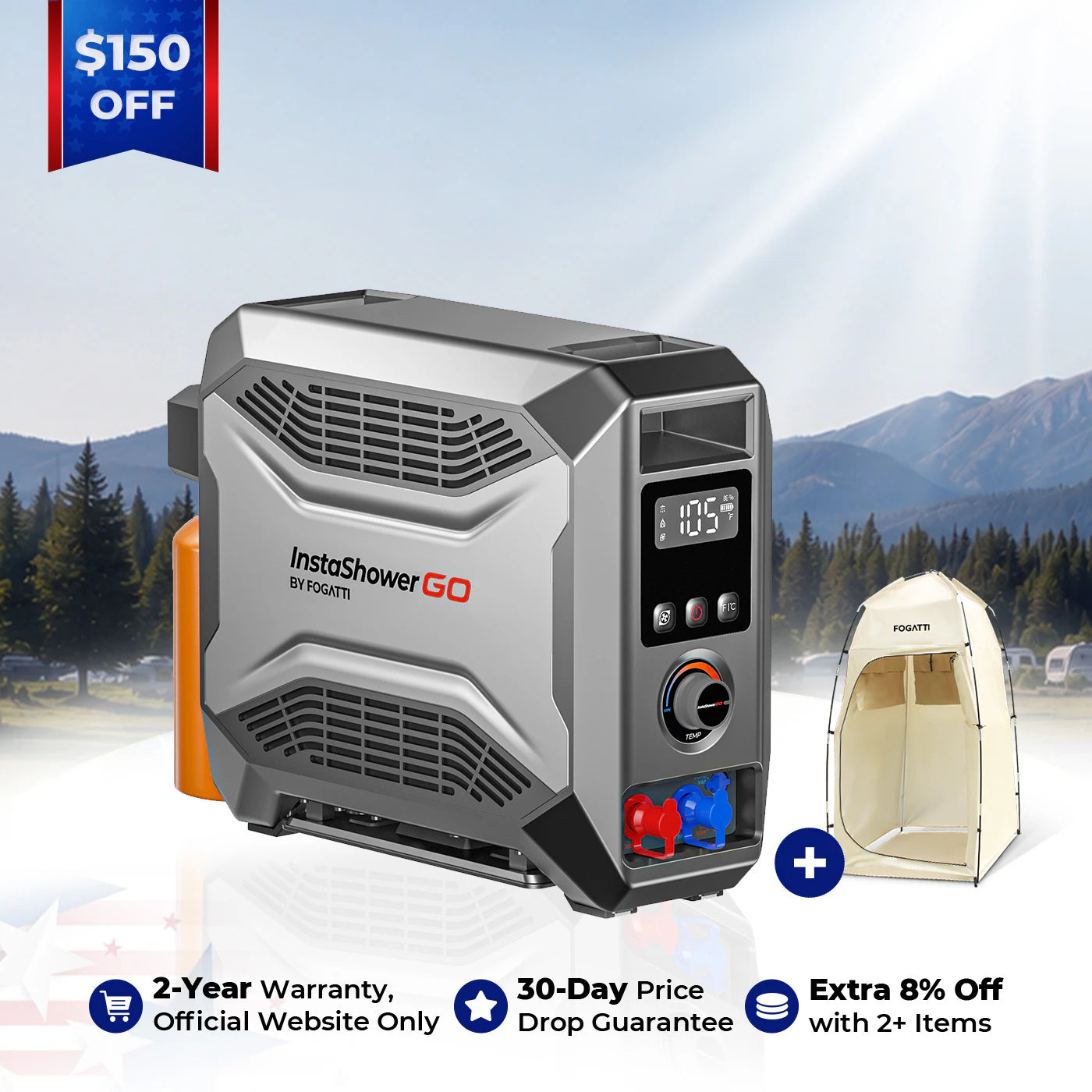 Fogatti InstaShower GO Outdoor Portable Propane Water Heater with Pump, 19000BTU