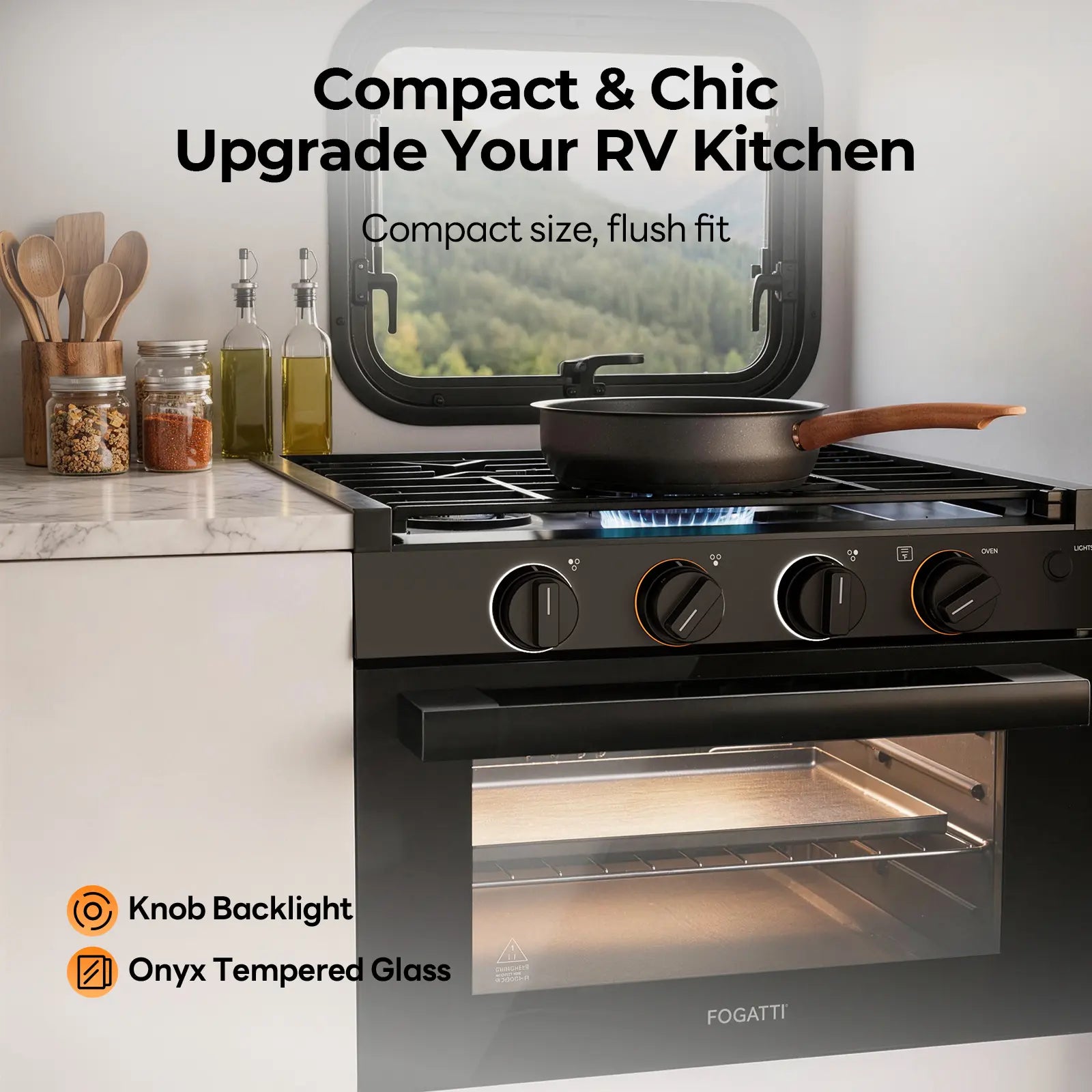 FOGATTI 17-Inch Dual-Fuel RV Range with Air Fryer, 3-Burner Propane Cooktop & Pulse Ignition