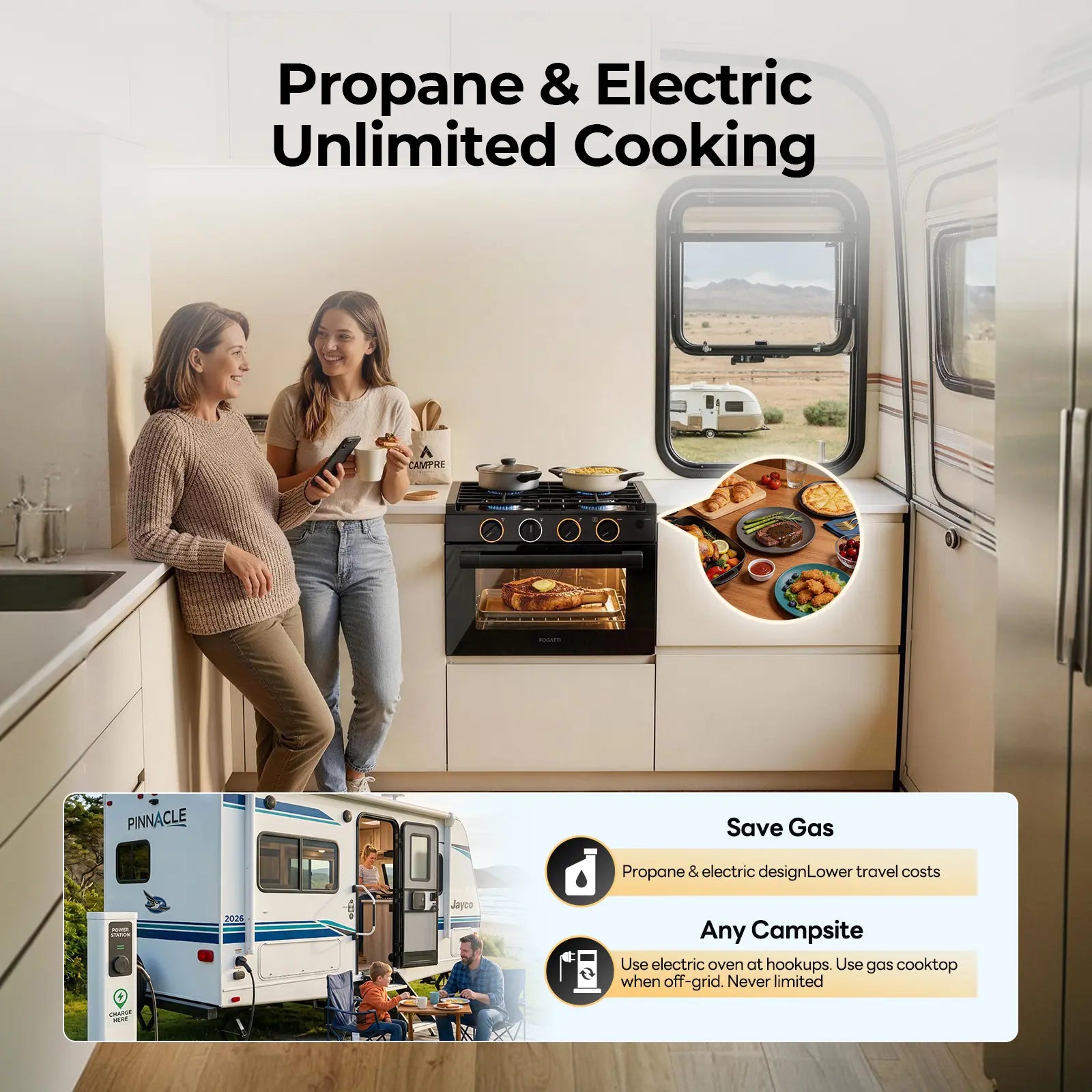 FOGATTI 17-Inch Dual-Fuel RV Range with Air Fryer, 3-Burner Propane Cooktop & Pulse Ignition