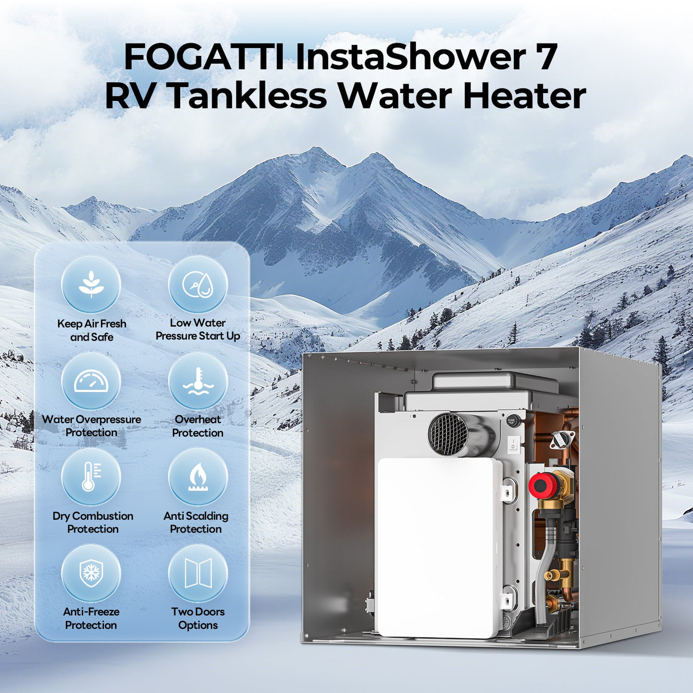 Fogatti RV Tankless Water Heater InstaShower 7 (Without Door), 48,000 BTU Heating, Energy Saving Model