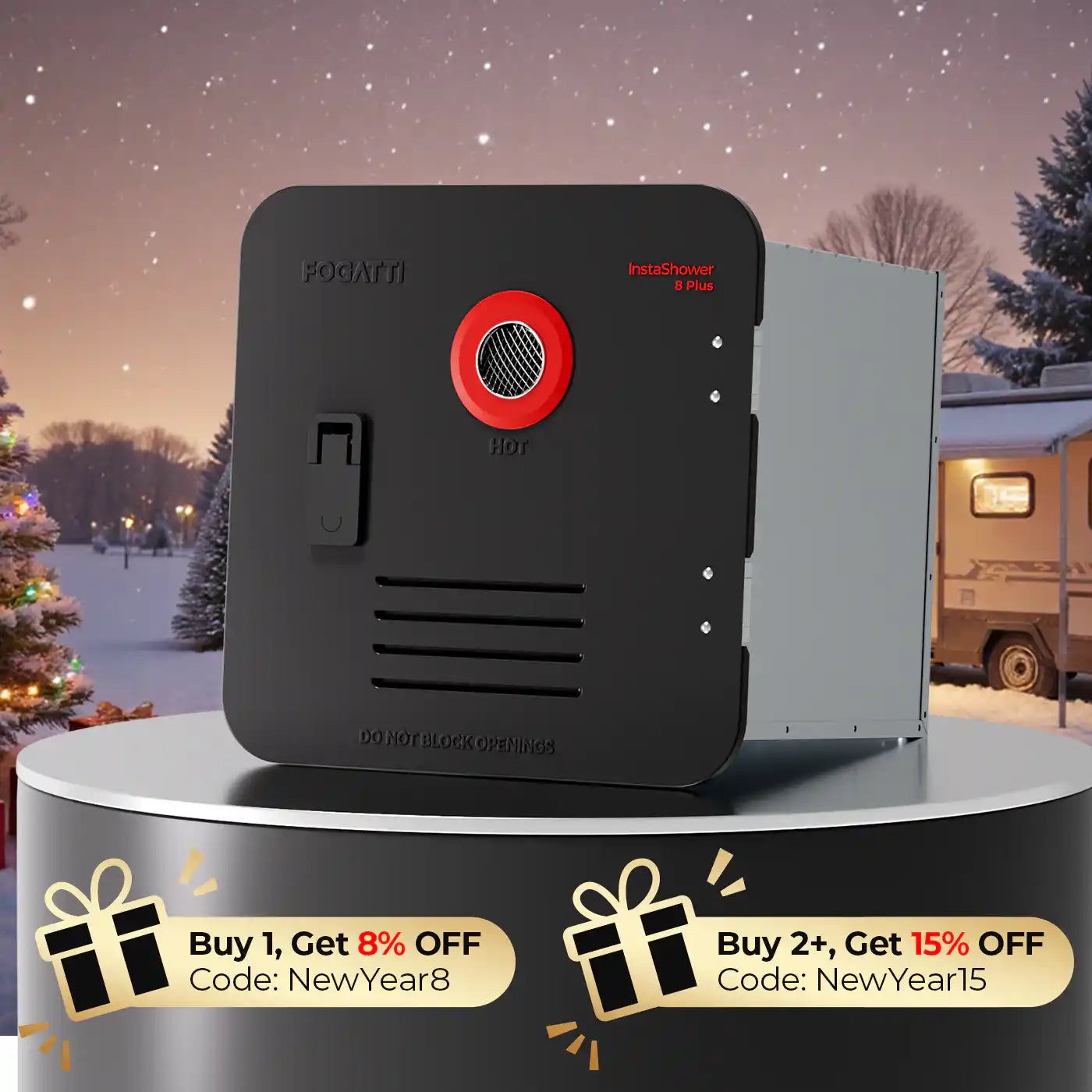 Fogatti InstaShower 8 Plus, 55,000 BTU RV Tankless Water Heater with Door