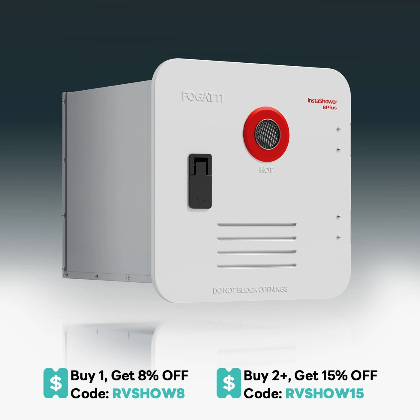 Fogatti InstaShower 8 Plus, 55,000 BTU RV Tankless Water Heater with Door