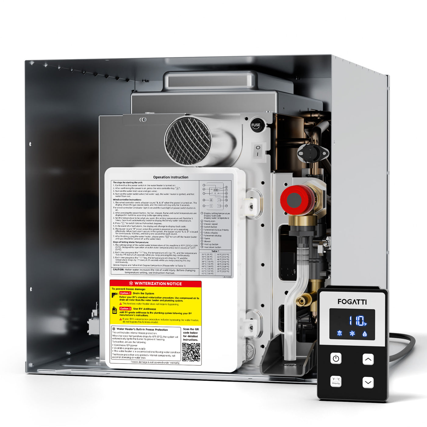 Fogatti InstaShower 8 Plus, 55,000 BTU RV Tankless Water Heater with Door (Without Door)