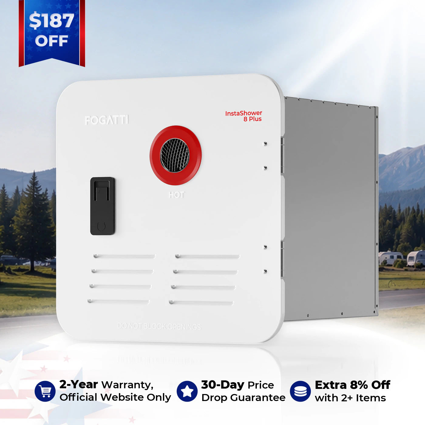 Fogatti InstaShower 8 Plus, 55,000 BTU RV Tankless Water Heater with Door
