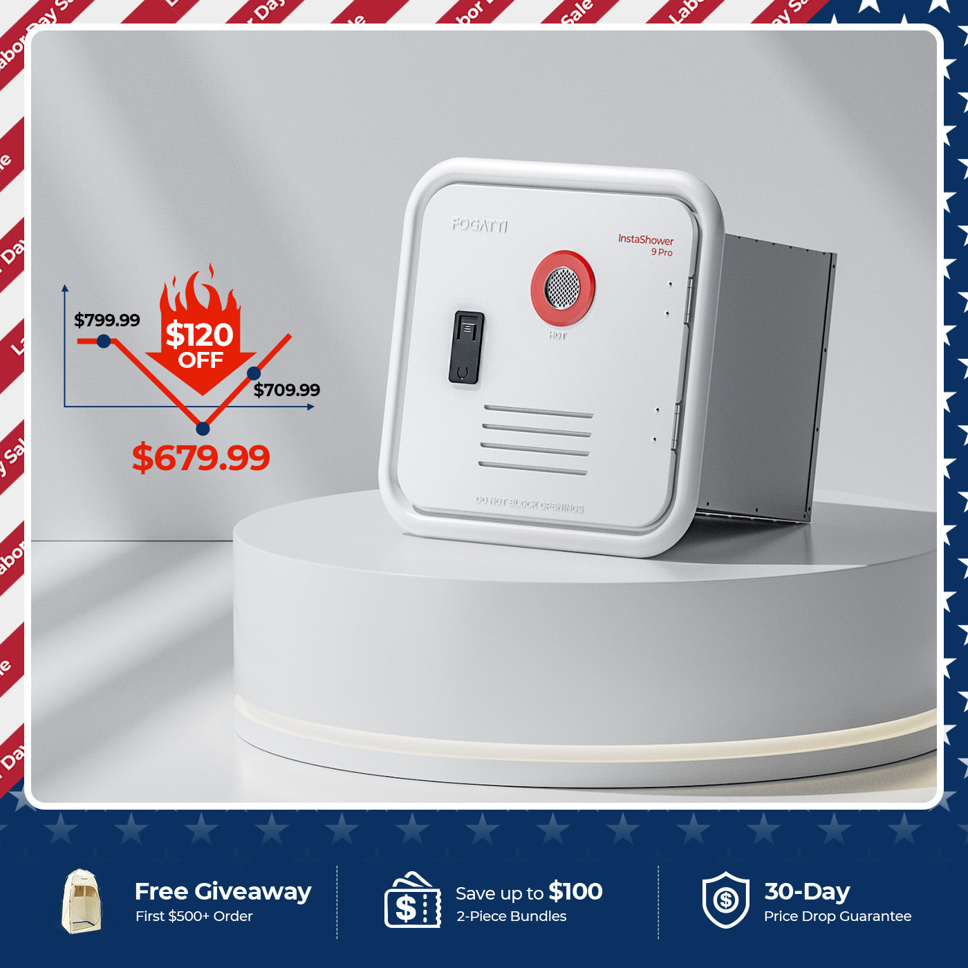 Fogatti InstaShower 9 Pro, 66,000 BTU RV Tankless Water Heater with Door & Mixing Tank
