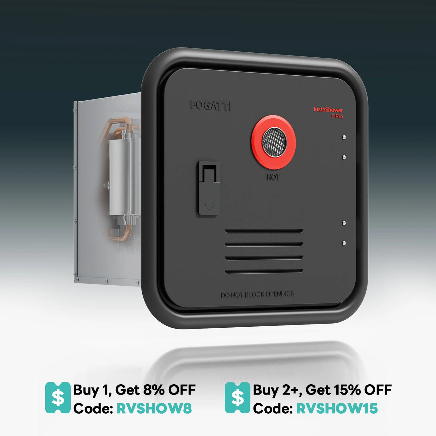 Fogatti InstaShower 9 Pro, 66,000 BTU RV Tankless Water Heater with Mixing Tank