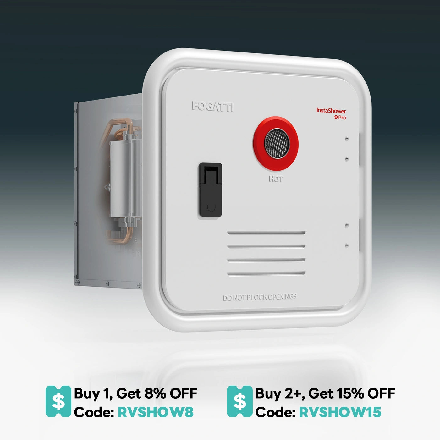 Fogatti InstaShower 9 Pro, 66,000 BTU RV Tankless Water Heater with Door & Mixing Tank