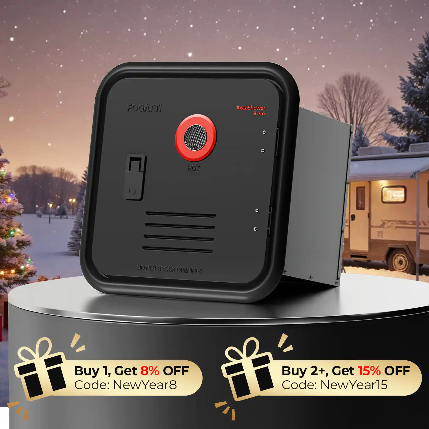 Fogatti InstaShower 9 Pro, 66,000 BTU RV Tankless Water Heater with Mixing Tank