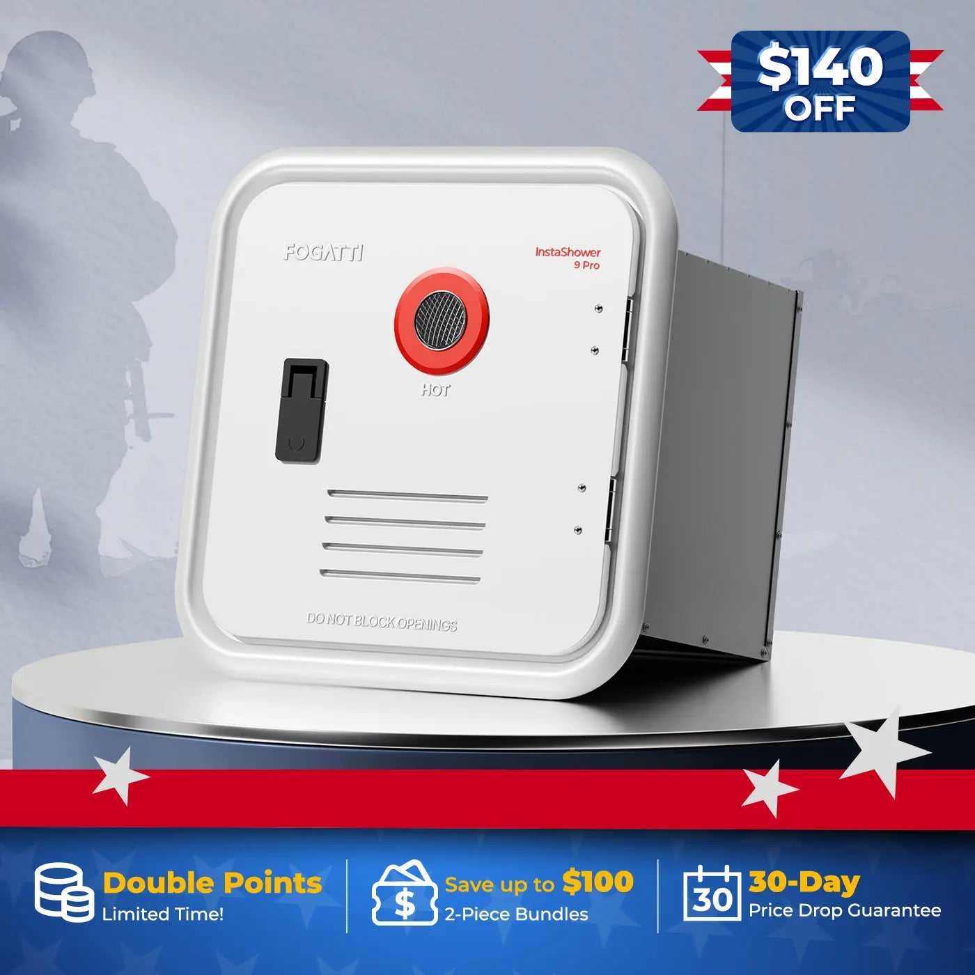 Fogatti InstaShower 9 Pro, 66,000 BTU RV Tankless Water Heater with Door & Mixing Tank