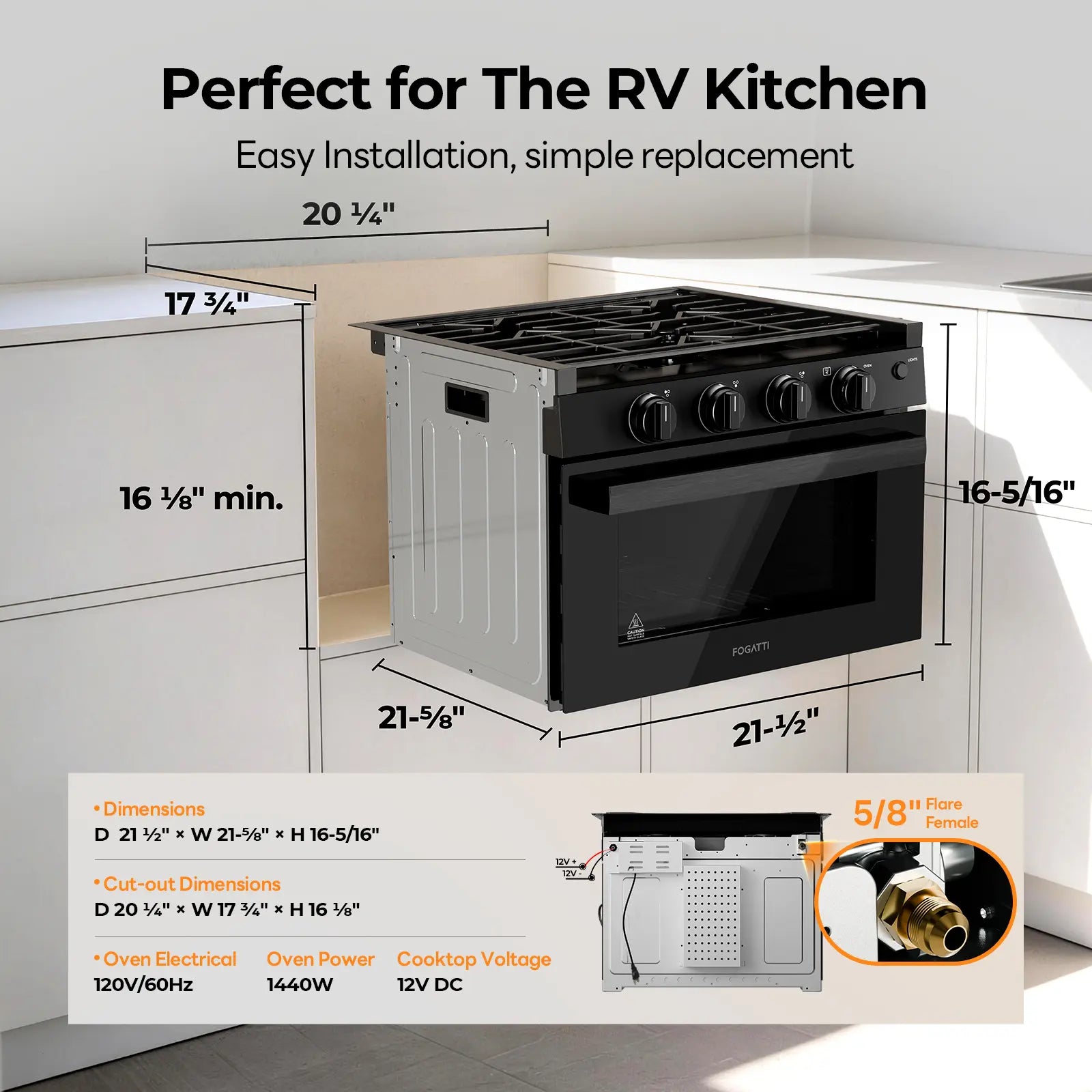 FOGATTI 17-Inch Dual-Fuel RV Range with Air Fryer, 3-Burner Propane Cooktop & Pulse Ignition