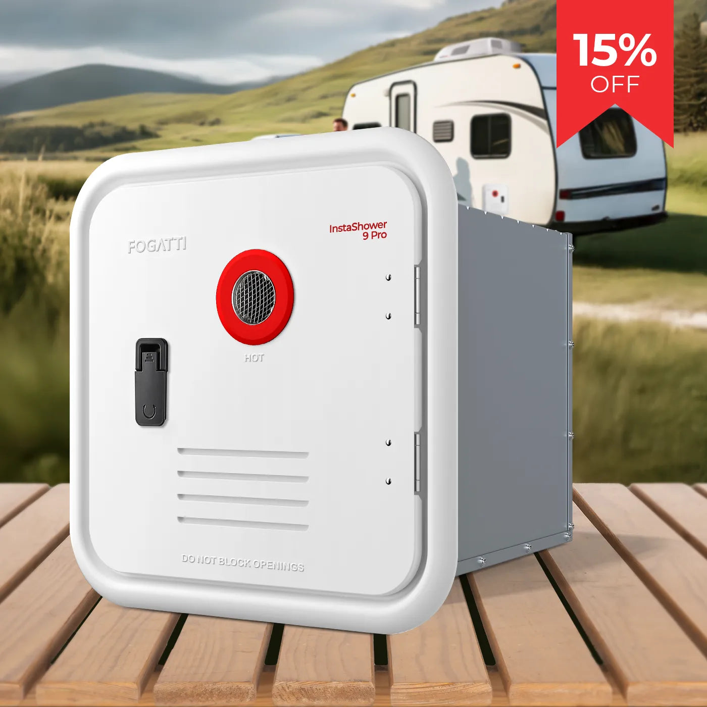 Fogatti InstaShower 9 Pro, 66,000 BTU RV Tankless Water Heater with Door & Mixing Tank