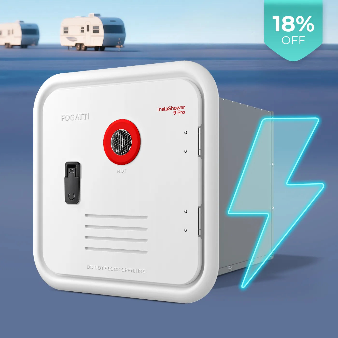 Fogatti InstaShower 9 Pro, 66,000 BTU RV Tankless Water Heater with Door & Mixing Tank