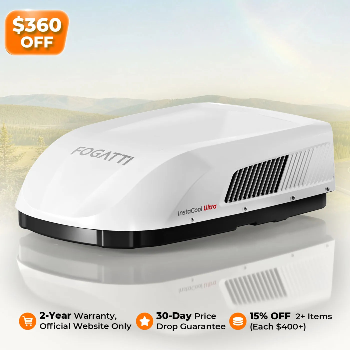 Fogatti InstaCool Ultra Rooftop RV Air Conditioner |16,000 BTU Cooling with Heating | Non-Ducted