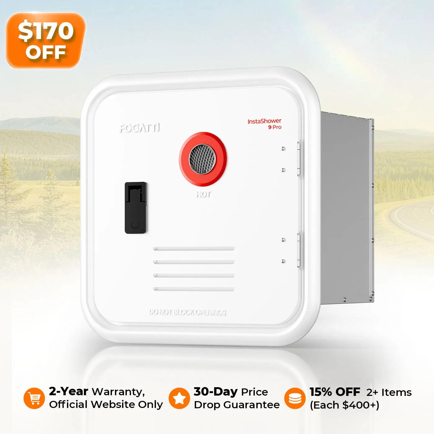 Fogatti InstaShower 9 Pro, 66,000 BTU RV Tankless Water Heater with Door & Mixing Tank