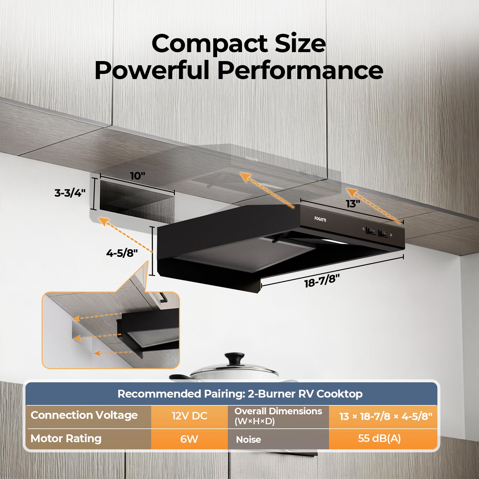 FOGATTI RV Range Hood 13 Inch with Powerful Suction | Non-Ducted / Ducted