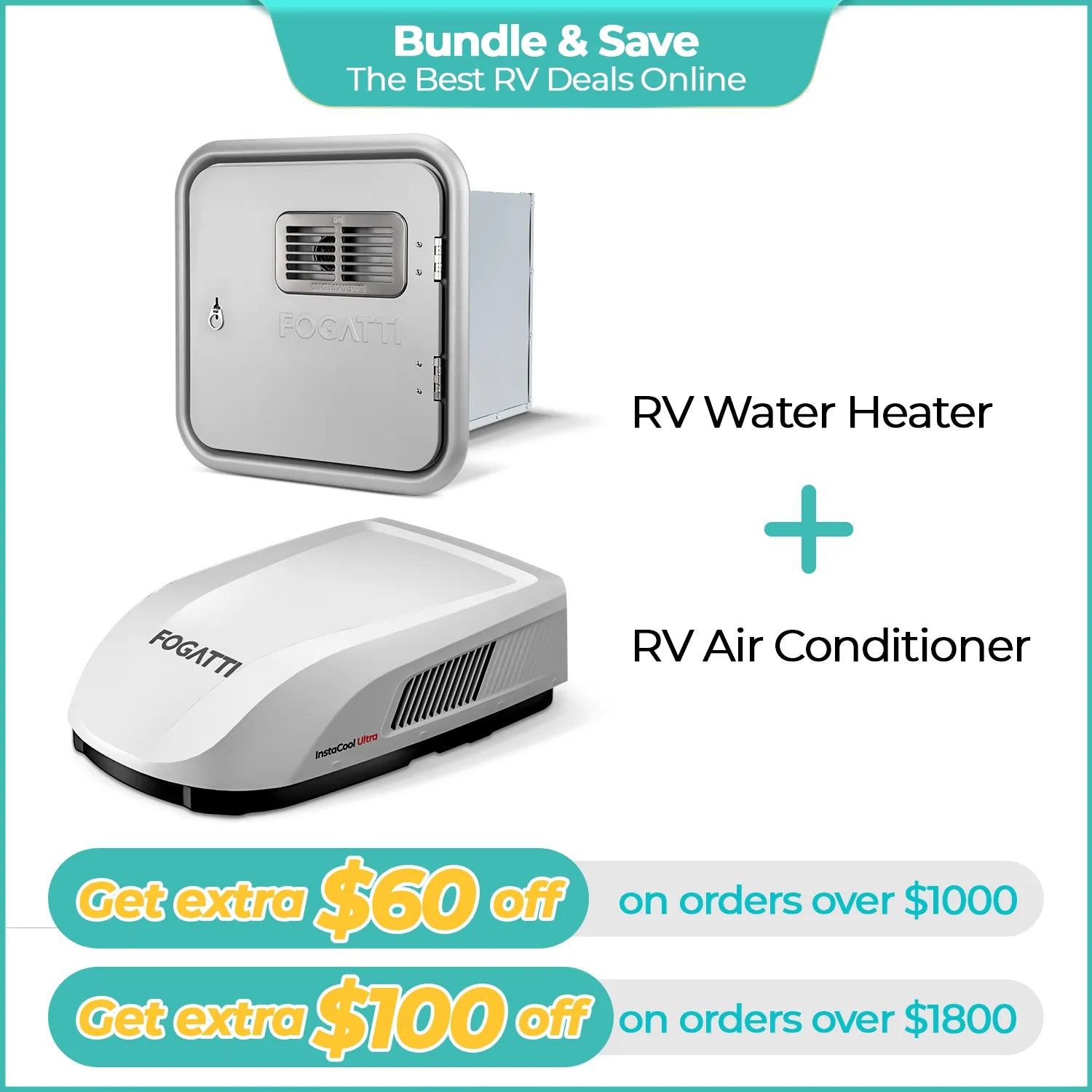 Fogatti InstaShower Ultra, 66,000 BTU, 0.5-3.6 GPM RV Tankless Water Heater with Gray Door & Mixing Tank（Supreme Series）