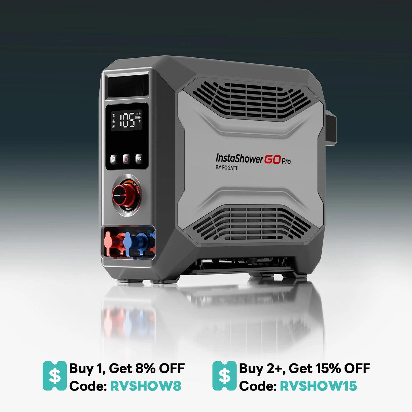 Fogatti InstaShower GO Pro Outdoor Portable Water Heater with Water Pump,22000BTU