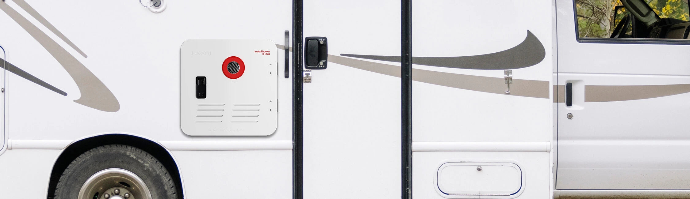 The Fogatti InstaShower 8 Plus, a 55,000 BTU RV tankless water heater, is installed on the RV body.