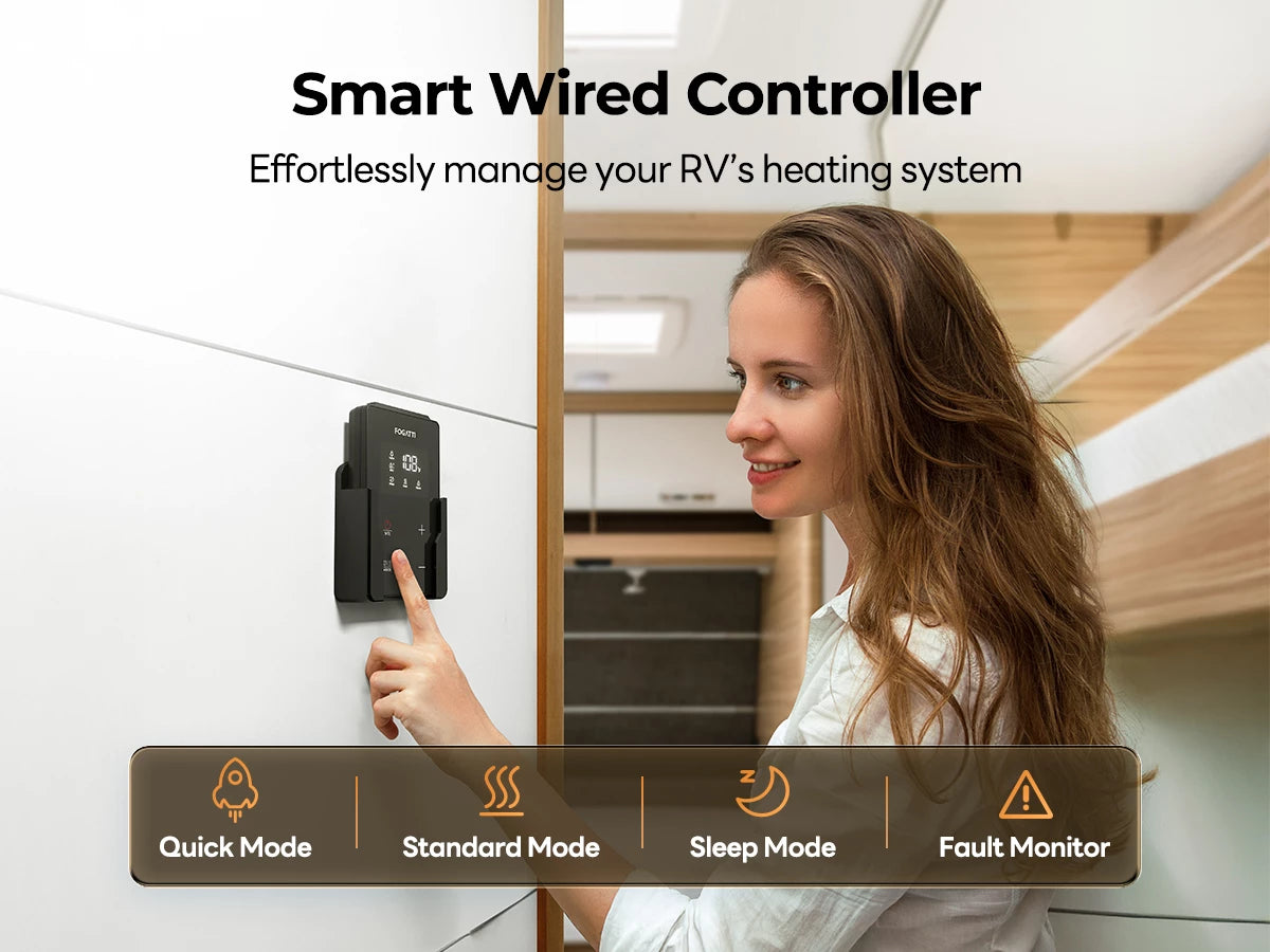 Easy-to-use wired controller for Fogatti RV furnace, featuring mode selection and fault monitoring.