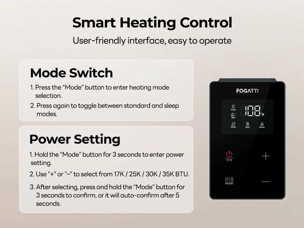 User-friendly Fogatti RV furnace controller with quick heat, sleep mode, and adjustable BTU output.