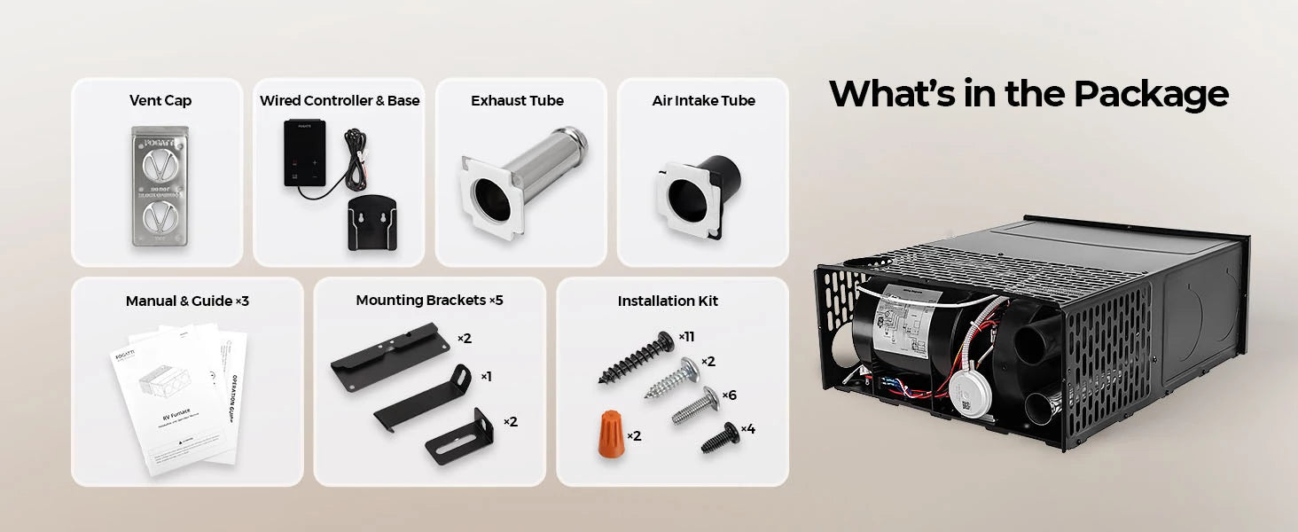 Fogatti 35,000 BTU furnace kit includes vent cap, controller, tubes, brackets, and manual.